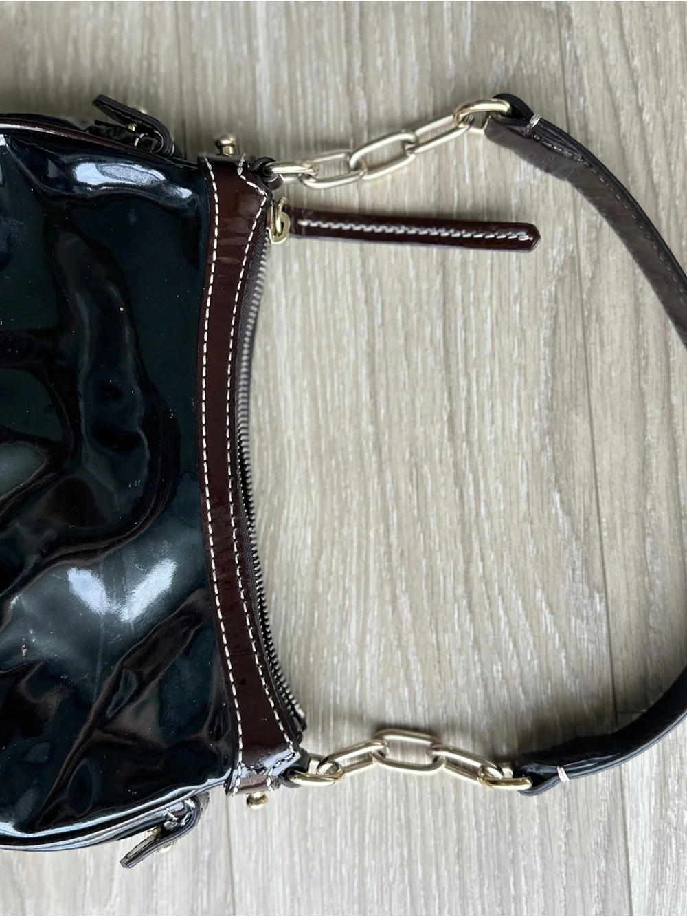 Dooney & Bourke Black Patent Shoulder Bag with Gold Hardware